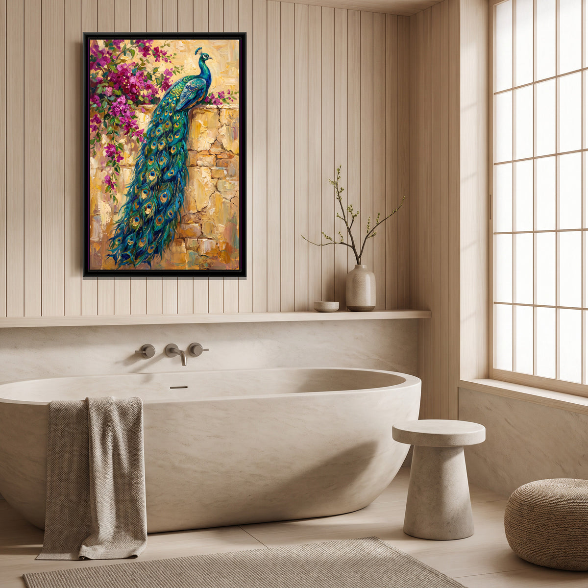Peacock on the Garden Wall - canvas art shown in a second room setting