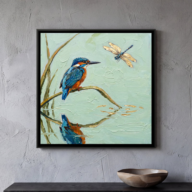 Kingfisher Above Still Water - framed canvas art hung on a wall