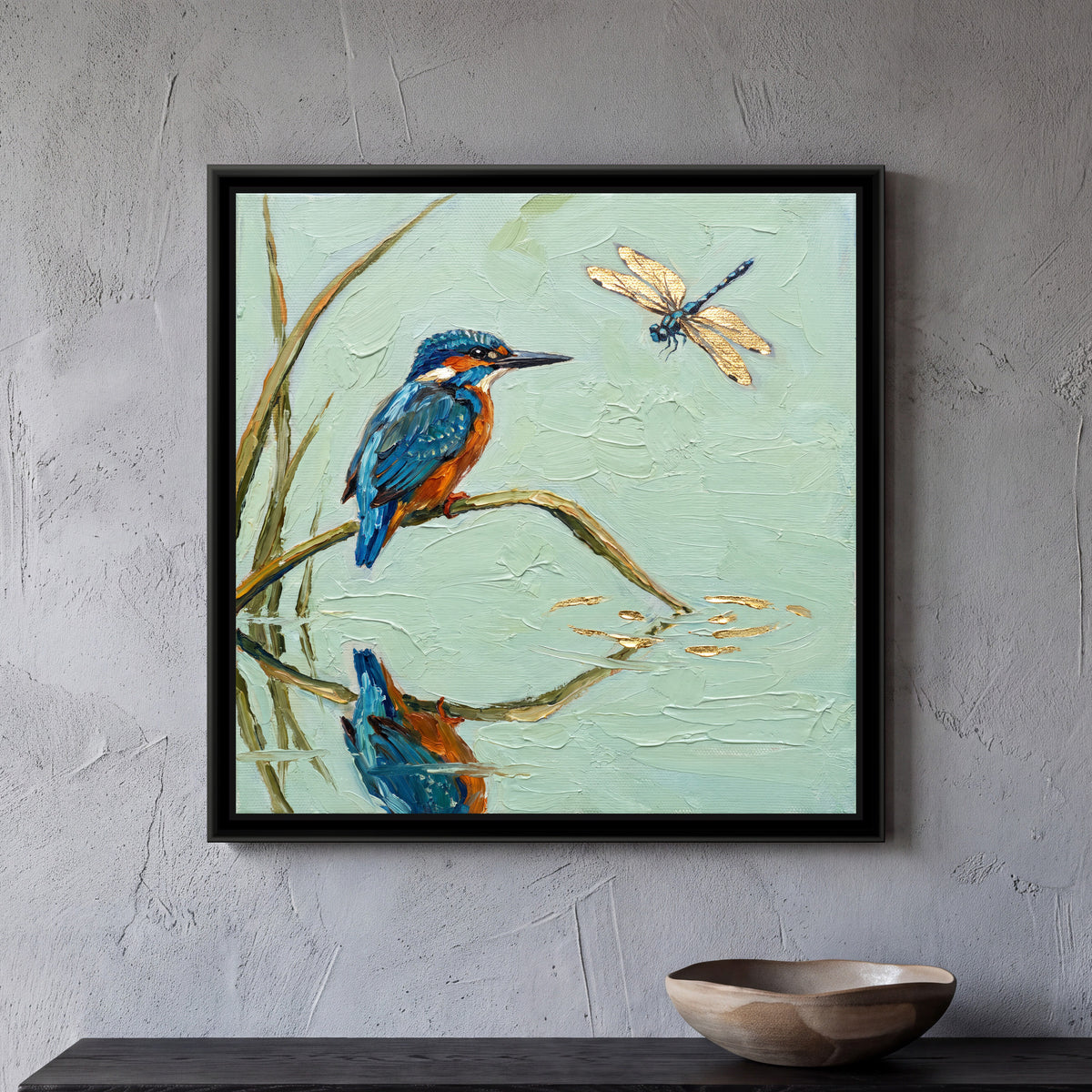 Kingfisher Above Still Water - framed canvas art hung on a wall