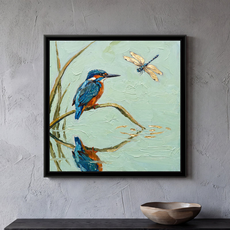 Kingfisher Above Still Water - framed canvas art hung on a wall