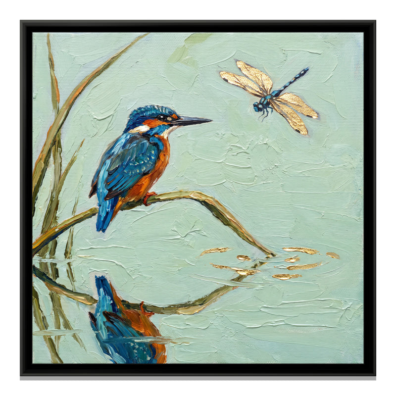 Kingfisher Above Still Water - framed canvas print, front view