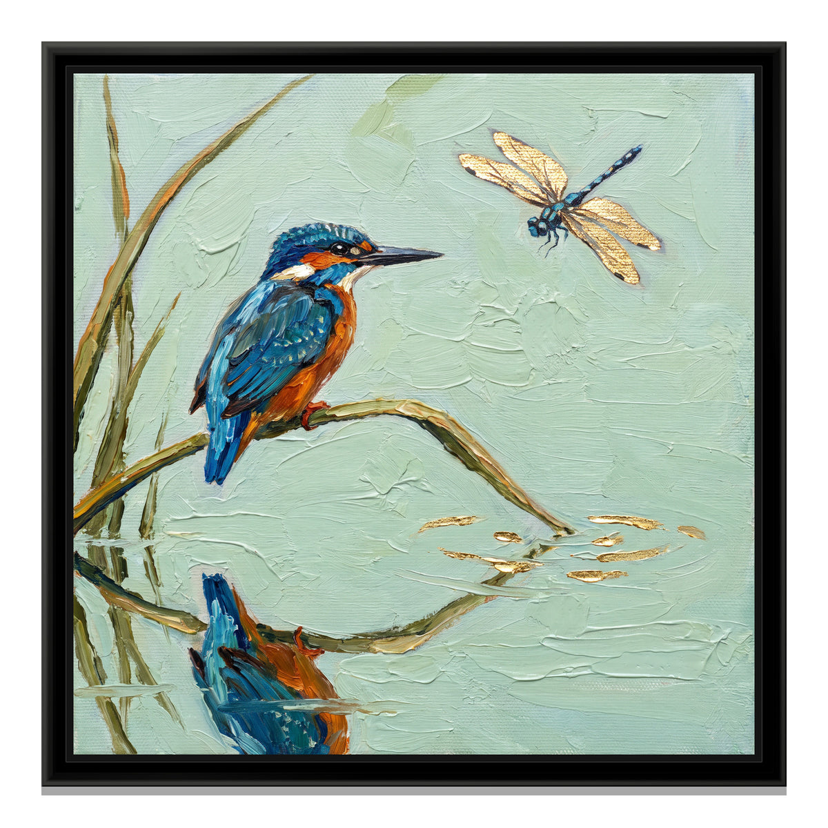 Kingfisher Above Still Water - framed canvas print, front view