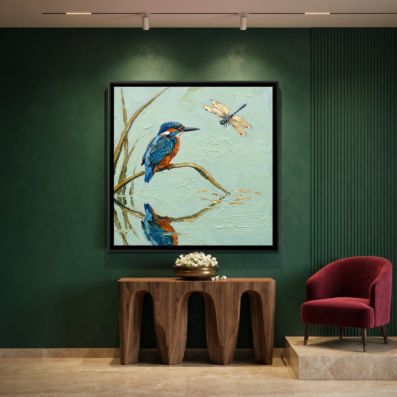 Kingfisher Above Still Water - canvas art shown in a styled room