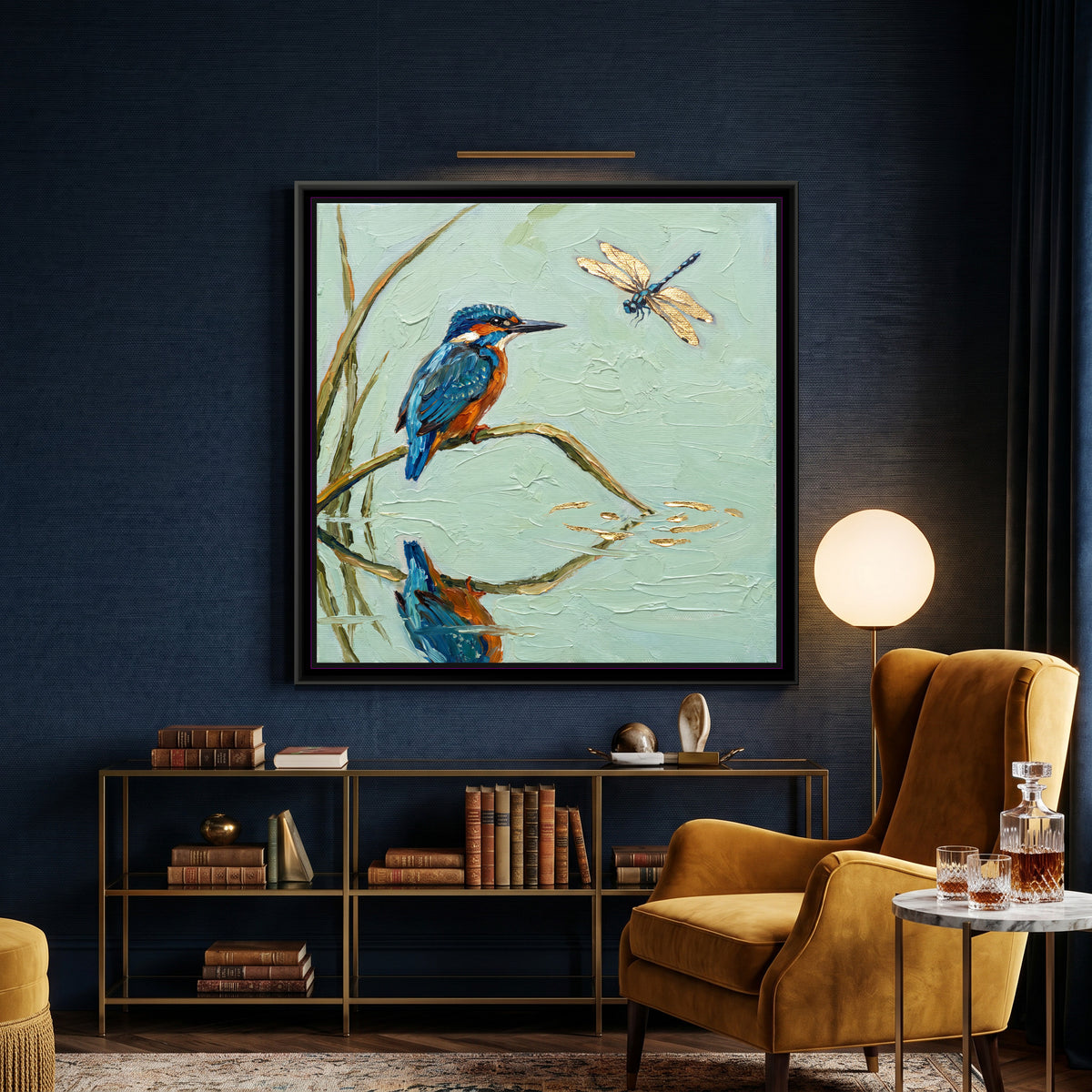 Kingfisher Above Still Water - canvas art shown in a styled room