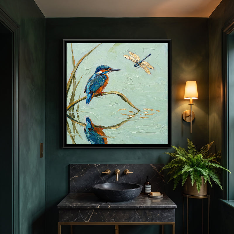 Kingfisher Above Still Water - canvas art shown in a second room setting