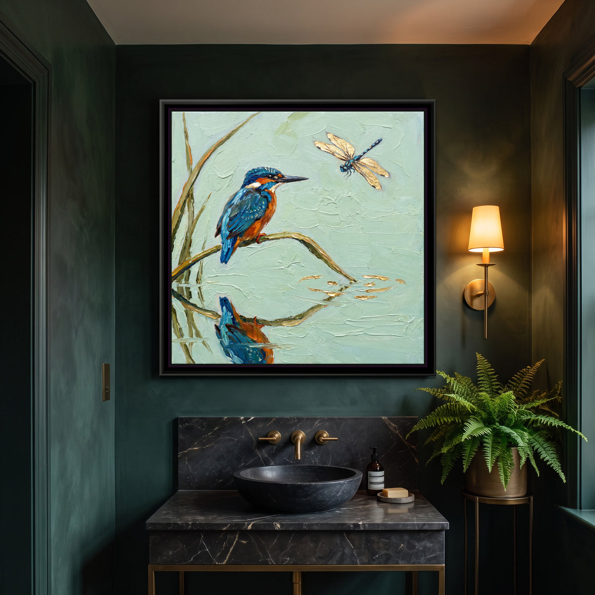 Kingfisher Above Still Water - canvas art shown in a second room setting