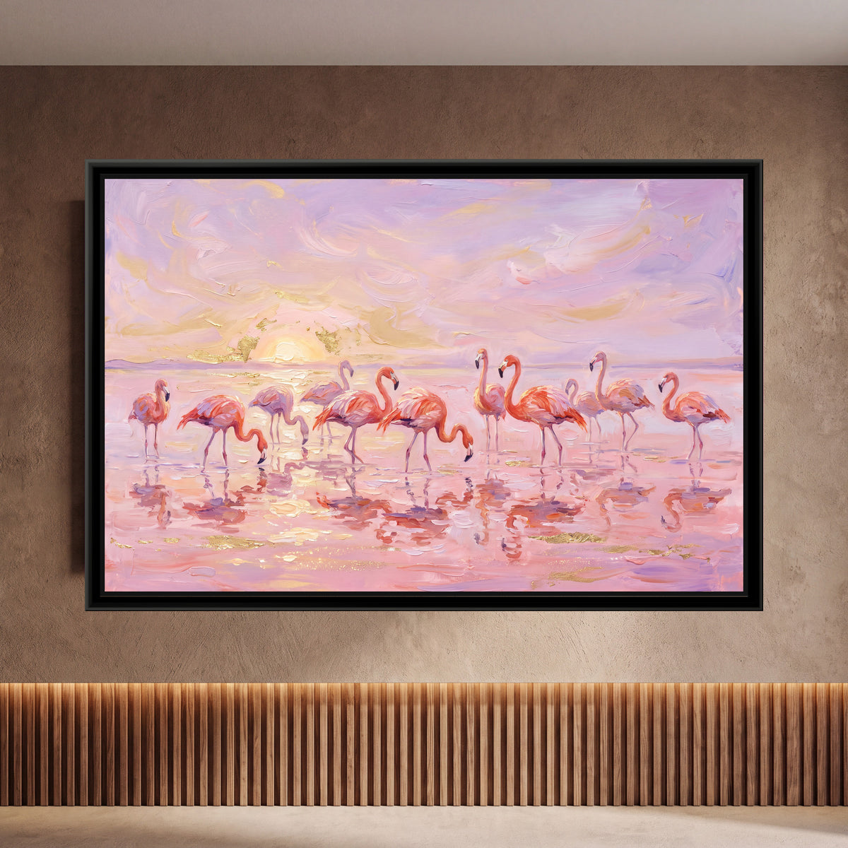 Flamingos at the Salt Lagoon - framed canvas art hung on a wall