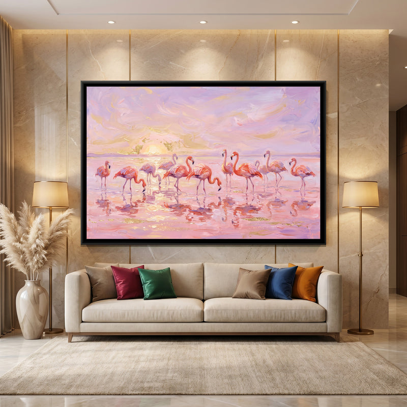 Flamingos at the Salt Lagoon - canvas art shown in a styled room