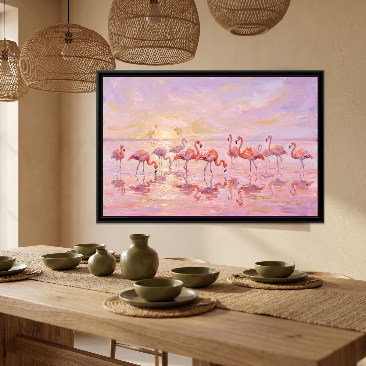 Flamingos at the Salt Lagoon - canvas art shown in a second room setting