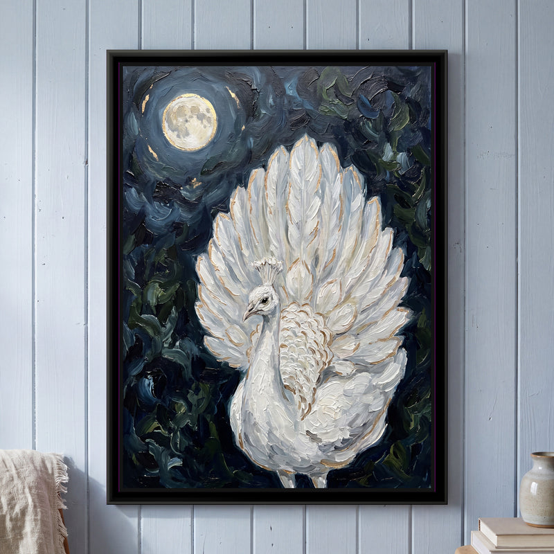 White Peacock in Moonlight - framed canvas art hung on a wall