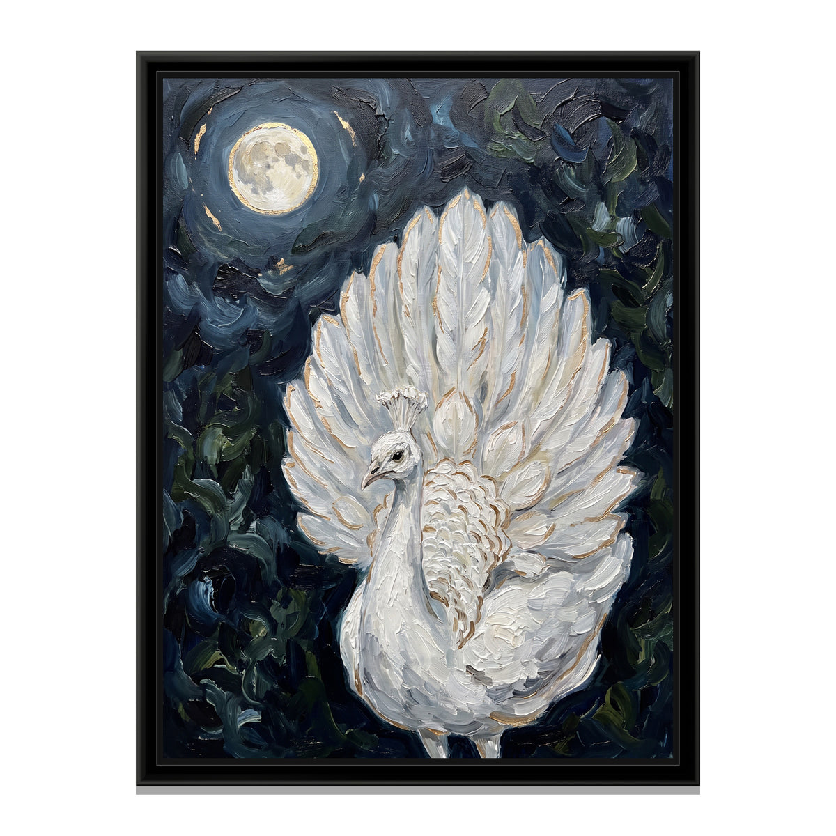 White Peacock in Moonlight - framed canvas print, front view