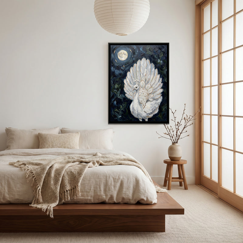 White Peacock in Moonlight - canvas art shown in a styled room
