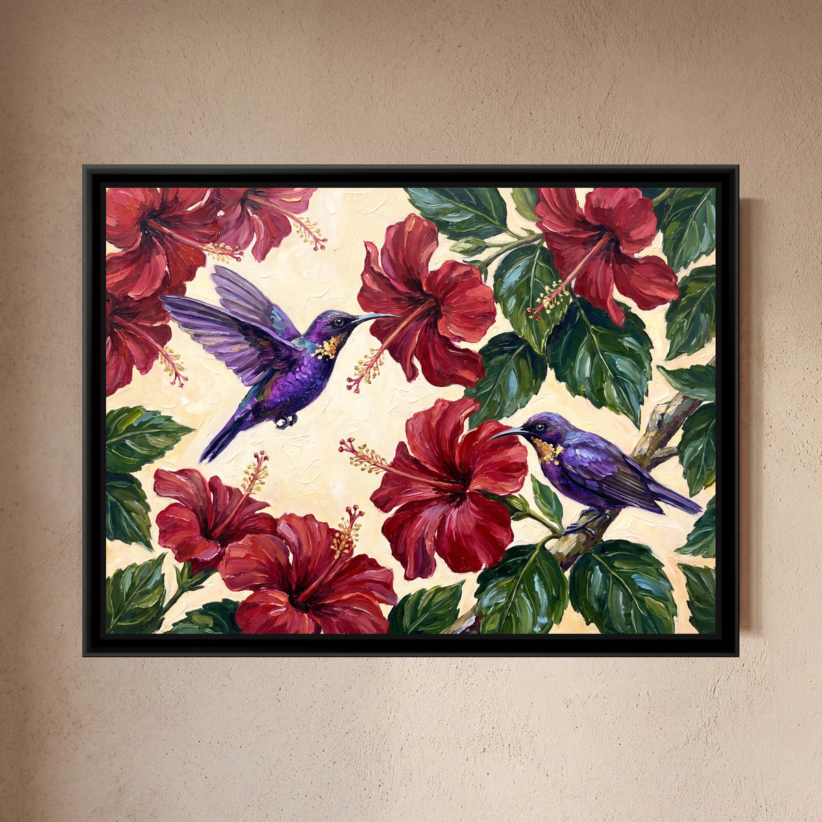 Sunbirds in the Hibiscus - framed canvas art hung on a wall