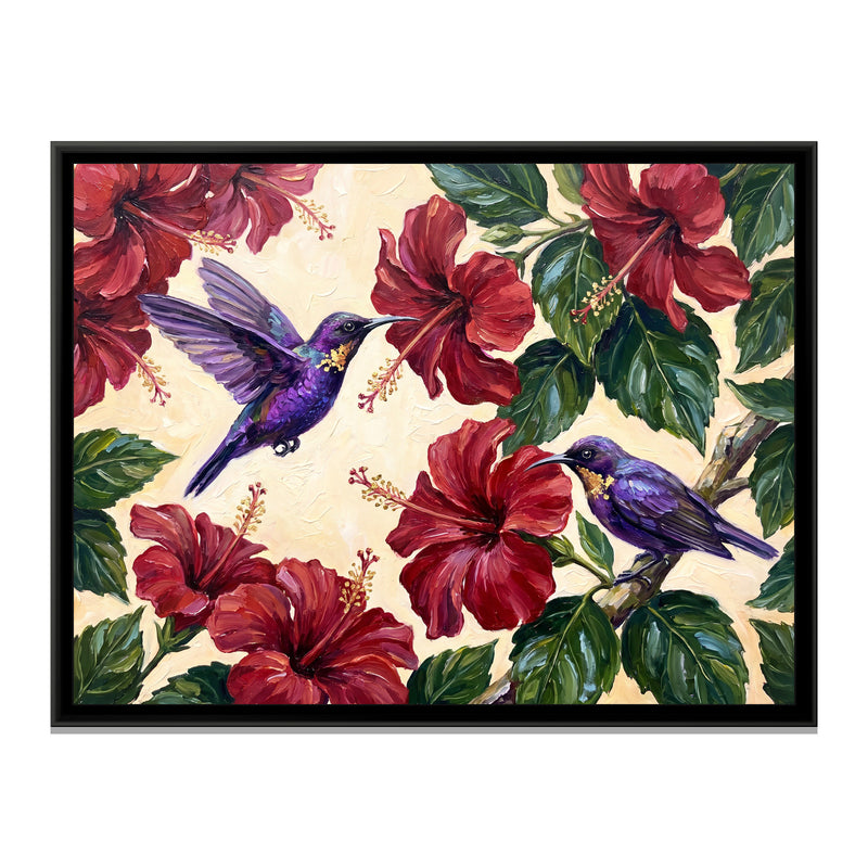 Sunbirds in the Hibiscus - framed canvas print, front view