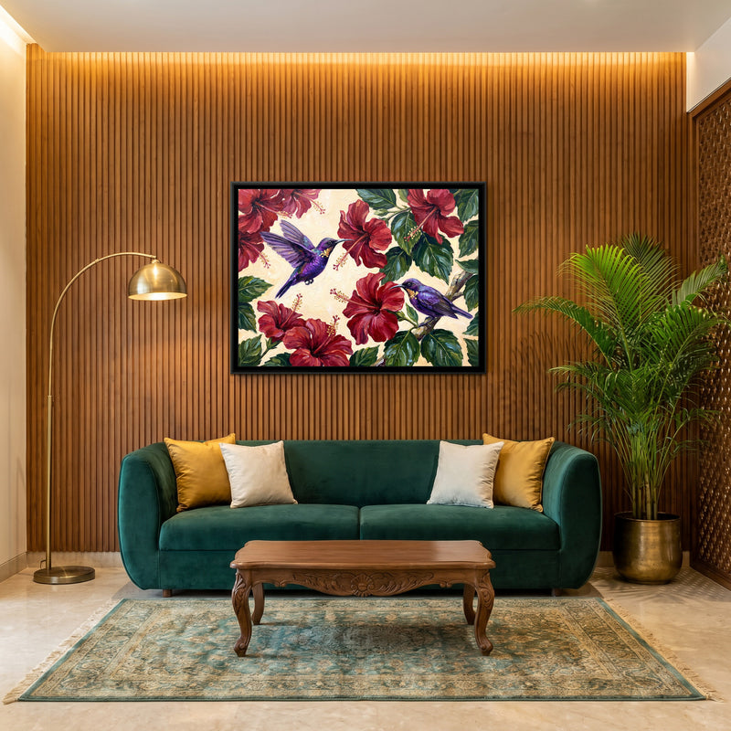 Sunbirds in the Hibiscus - canvas art shown in a styled room