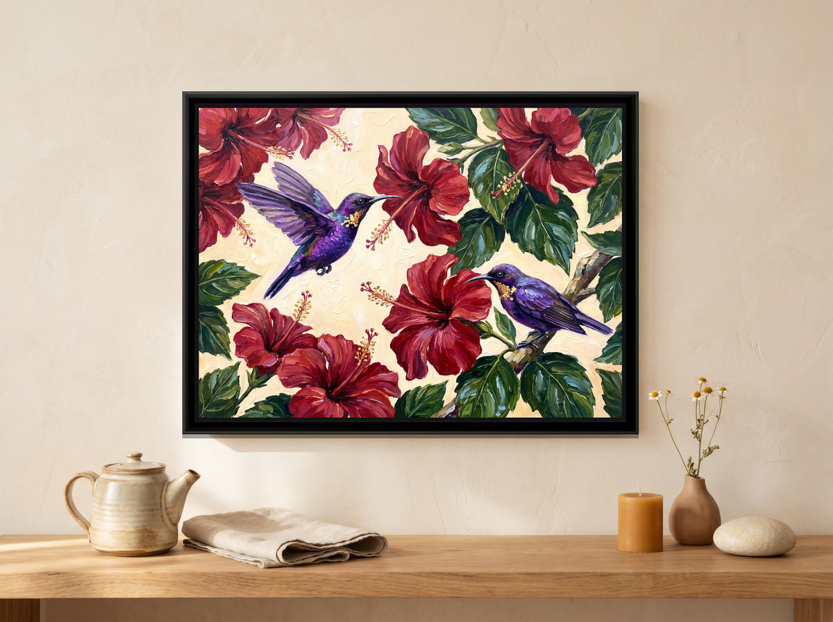 Sunbirds in the Hibiscus - canvas art shown in a styled room