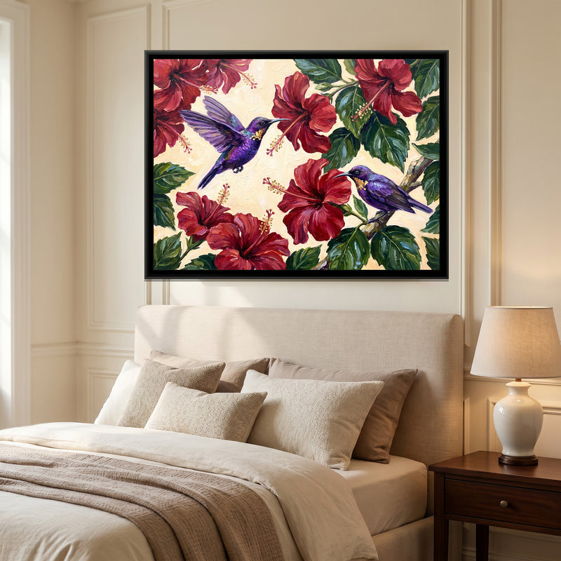 Sunbirds in the Hibiscus - canvas art shown in a second room setting