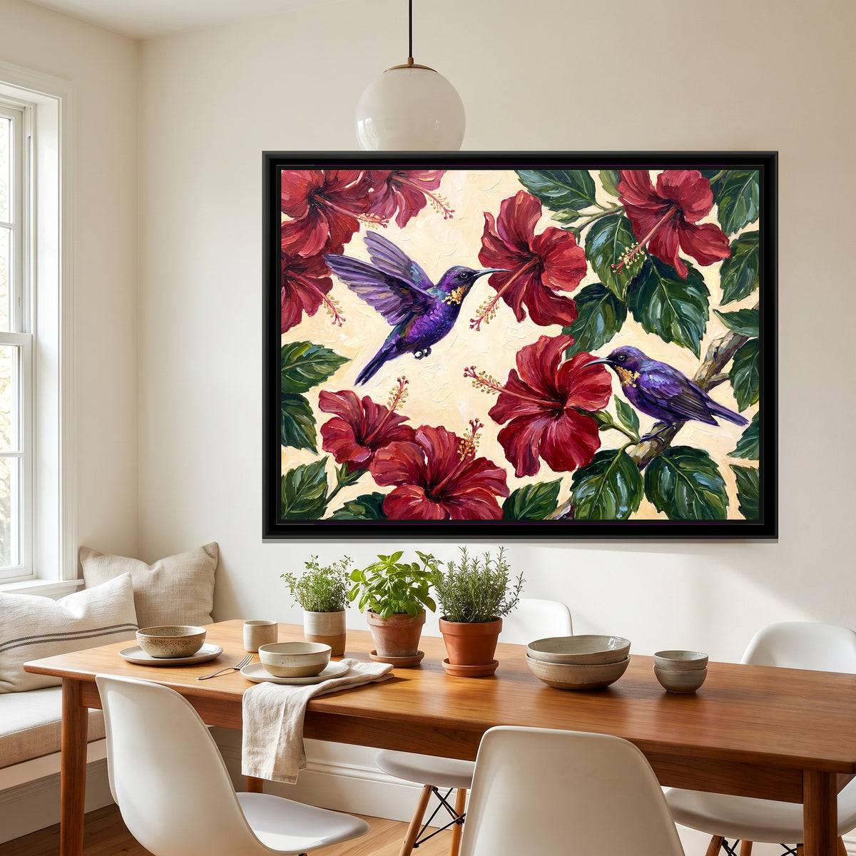Sunbirds in the Hibiscus - canvas art shown in a second room setting