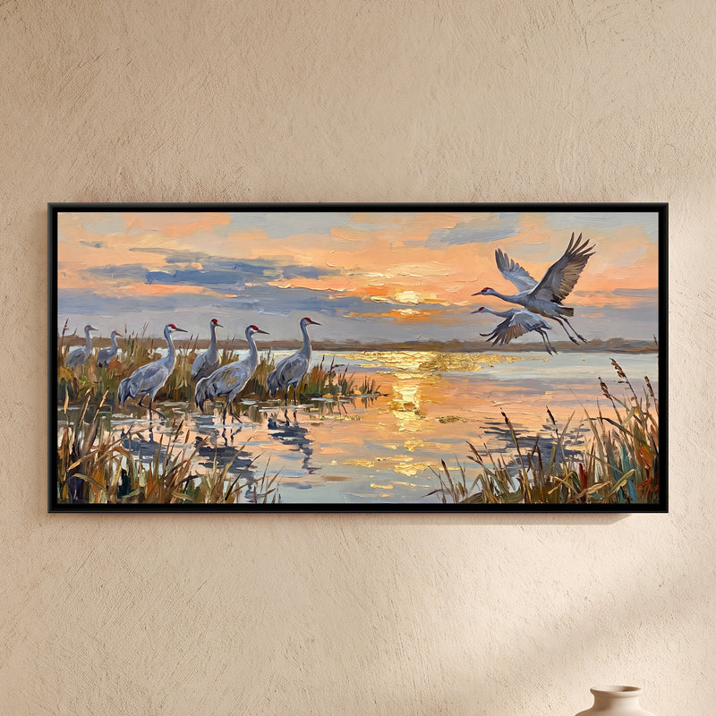 Cranes over the Wetland at Dusk - framed canvas art hung on a wall