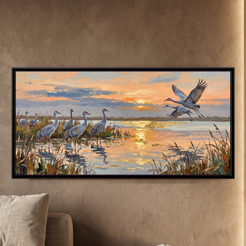 Cranes over the Wetland at Dusk