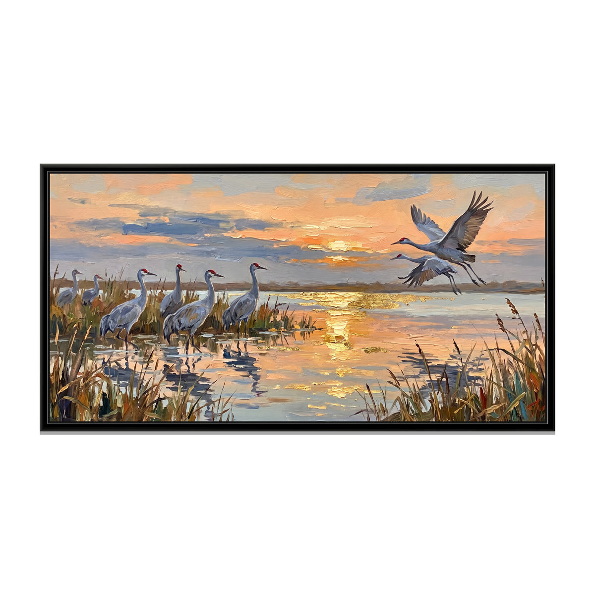 Cranes over the Wetland at Dusk - framed canvas print, front view