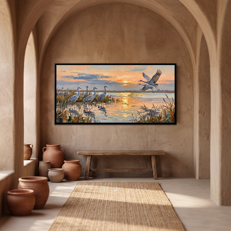 Cranes over the Wetland at Dusk - canvas art shown in a styled room