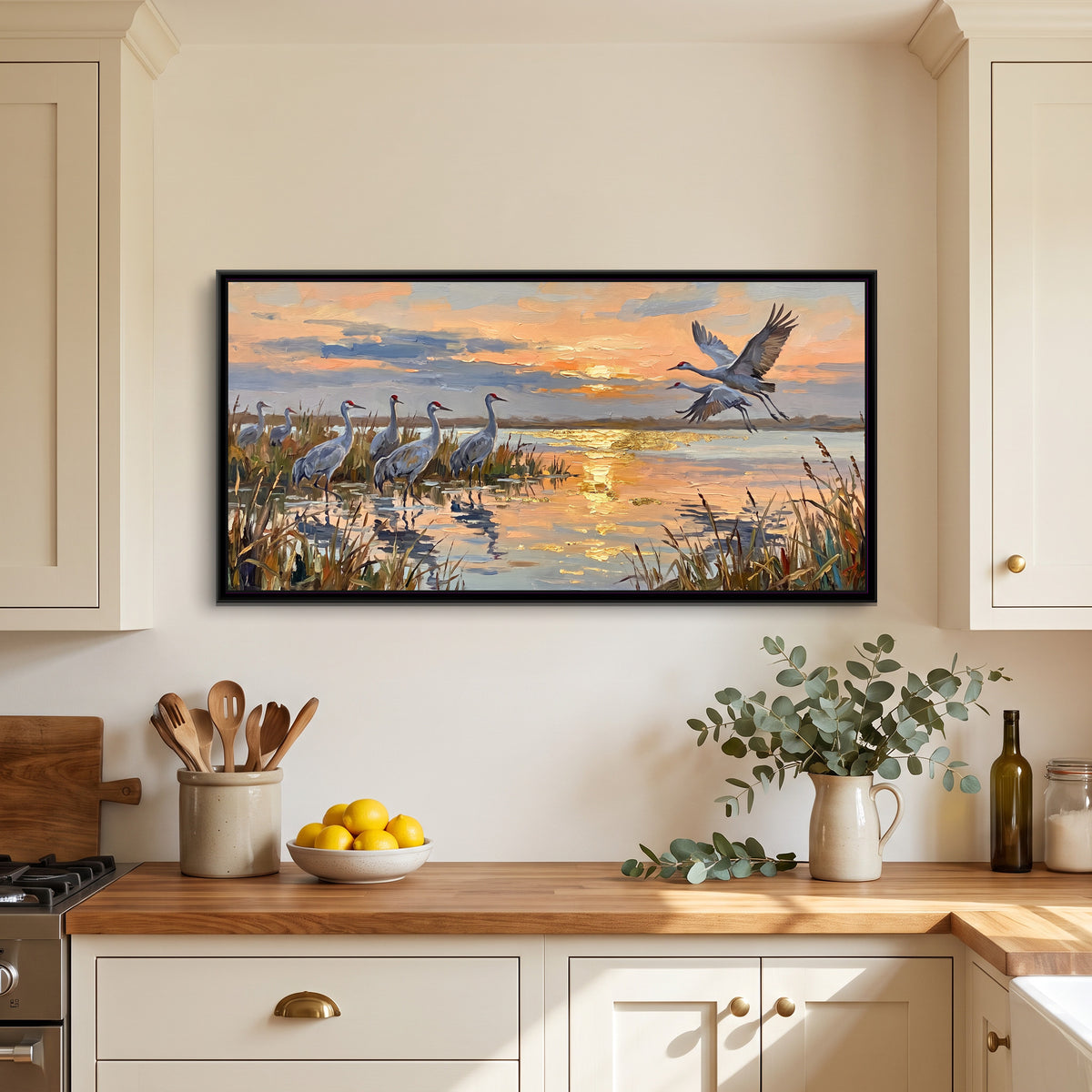 Cranes over the Wetland at Dusk - canvas art shown in a styled room
