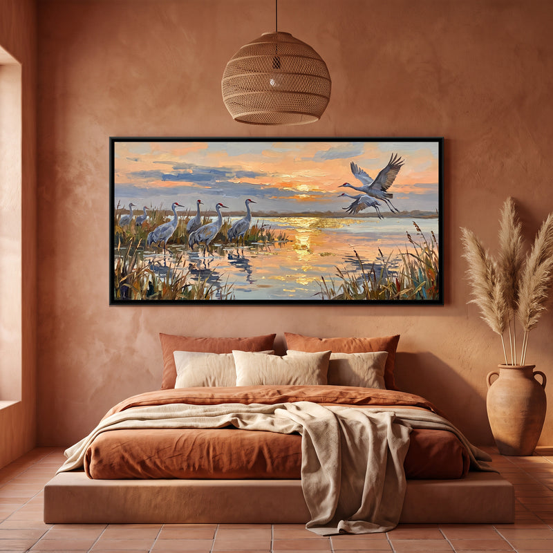 Cranes over the Wetland at Dusk - canvas art shown in a second room setting