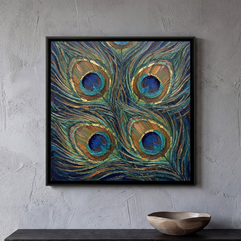 Peacock Feather Study - framed canvas art hung on a wall