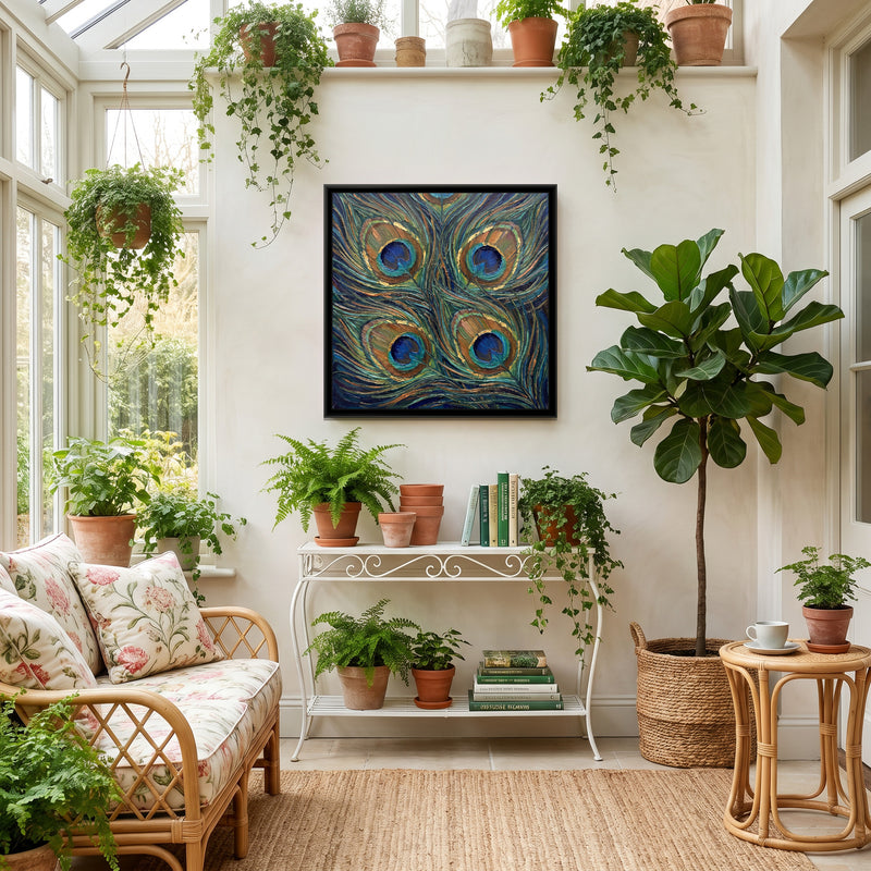 Peacock Feather Study - canvas art shown in a styled room