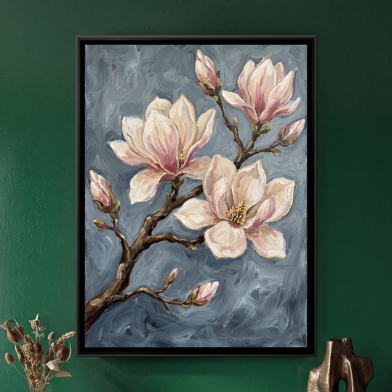 Magnolia Branch in Bloom - framed canvas art hung on a wall