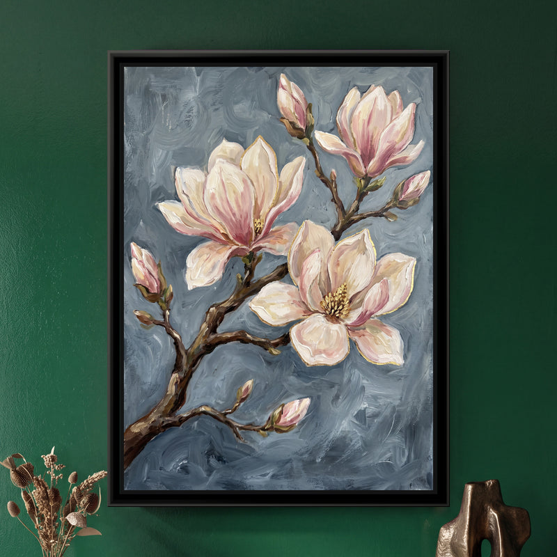 Magnolia Branch in Bloom - framed canvas art hung on a wall