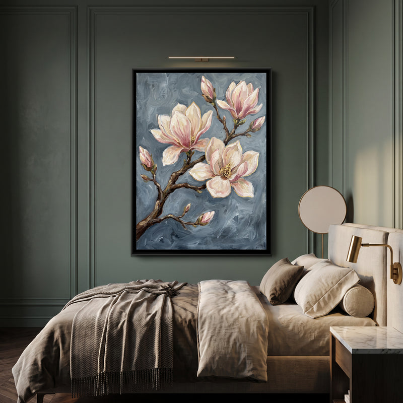 Magnolia Branch in Bloom - canvas art shown in a styled room
