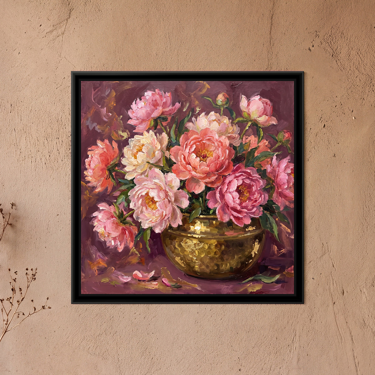 Peonies in a Brass Bowl - framed canvas art hung on a wall