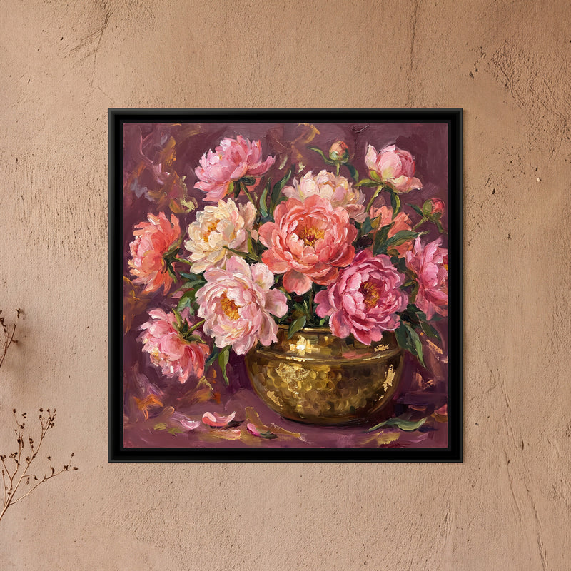 Peonies in a Brass Bowl - framed canvas art hung on a wall