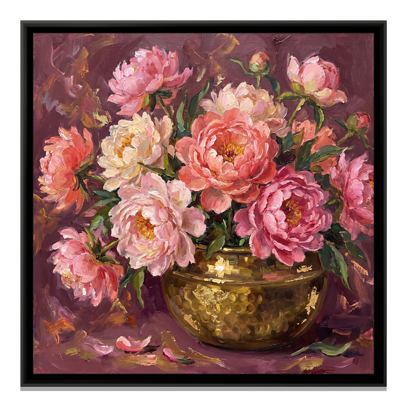 Peonies in a Brass Bowl - framed canvas print, front view