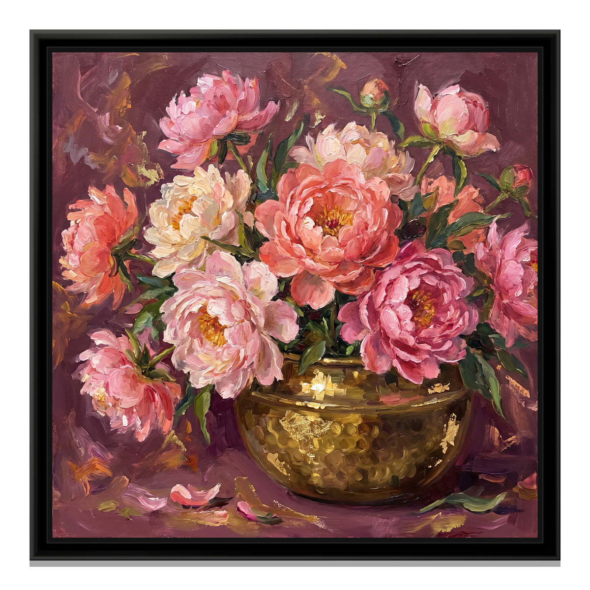 Peonies in a Brass Bowl - framed canvas print, front view