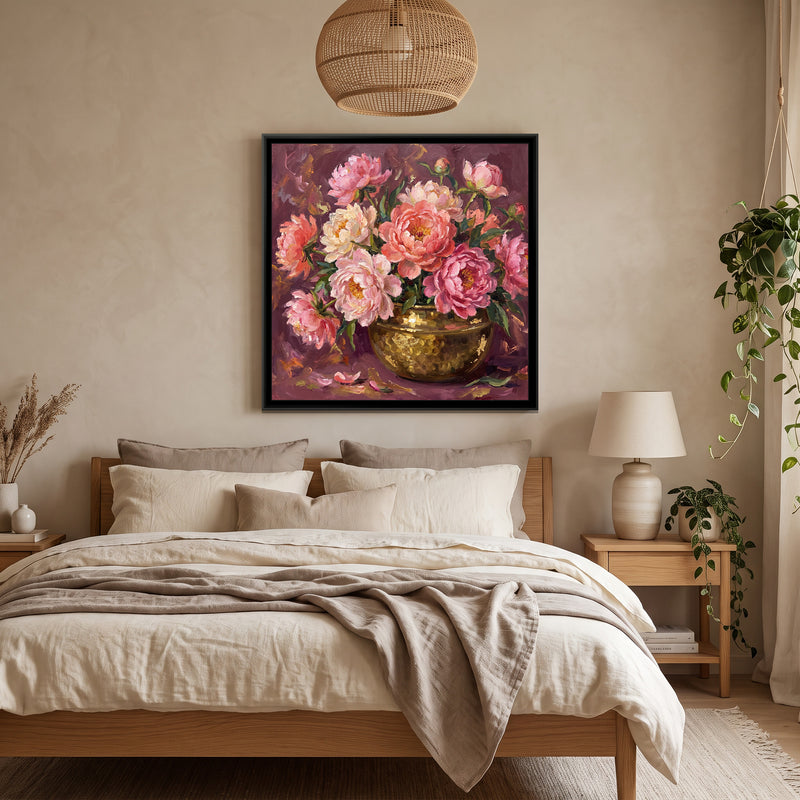 Peonies in a Brass Bowl - canvas art shown in a styled room