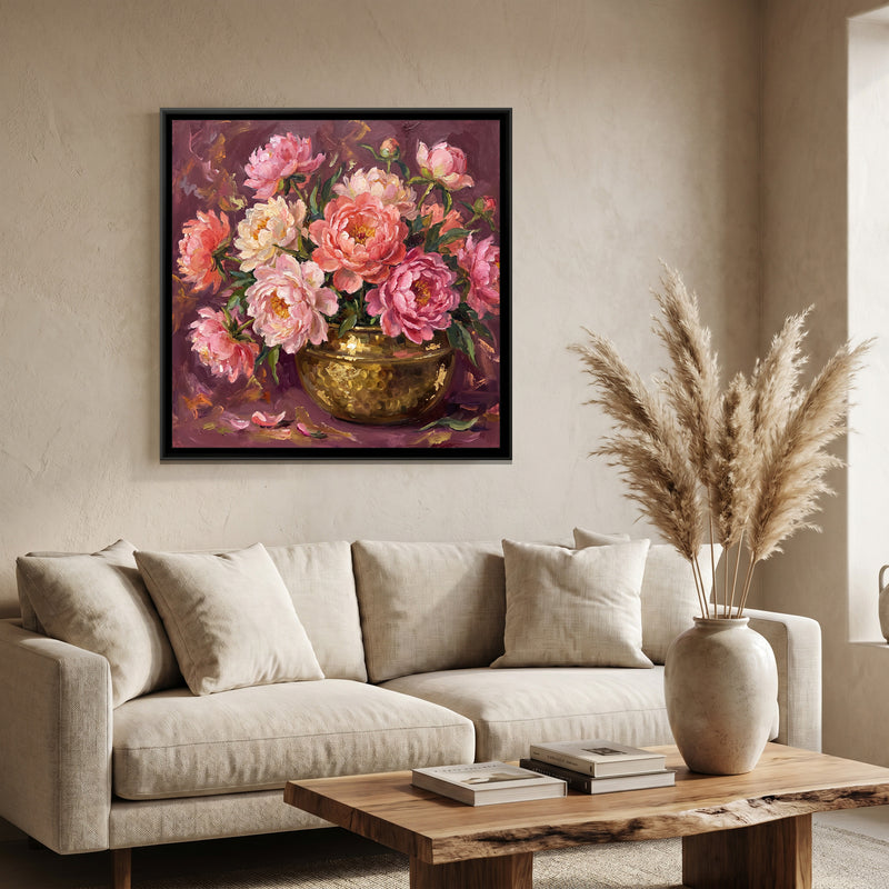 Peonies in a Brass Bowl - canvas art shown in a second room setting