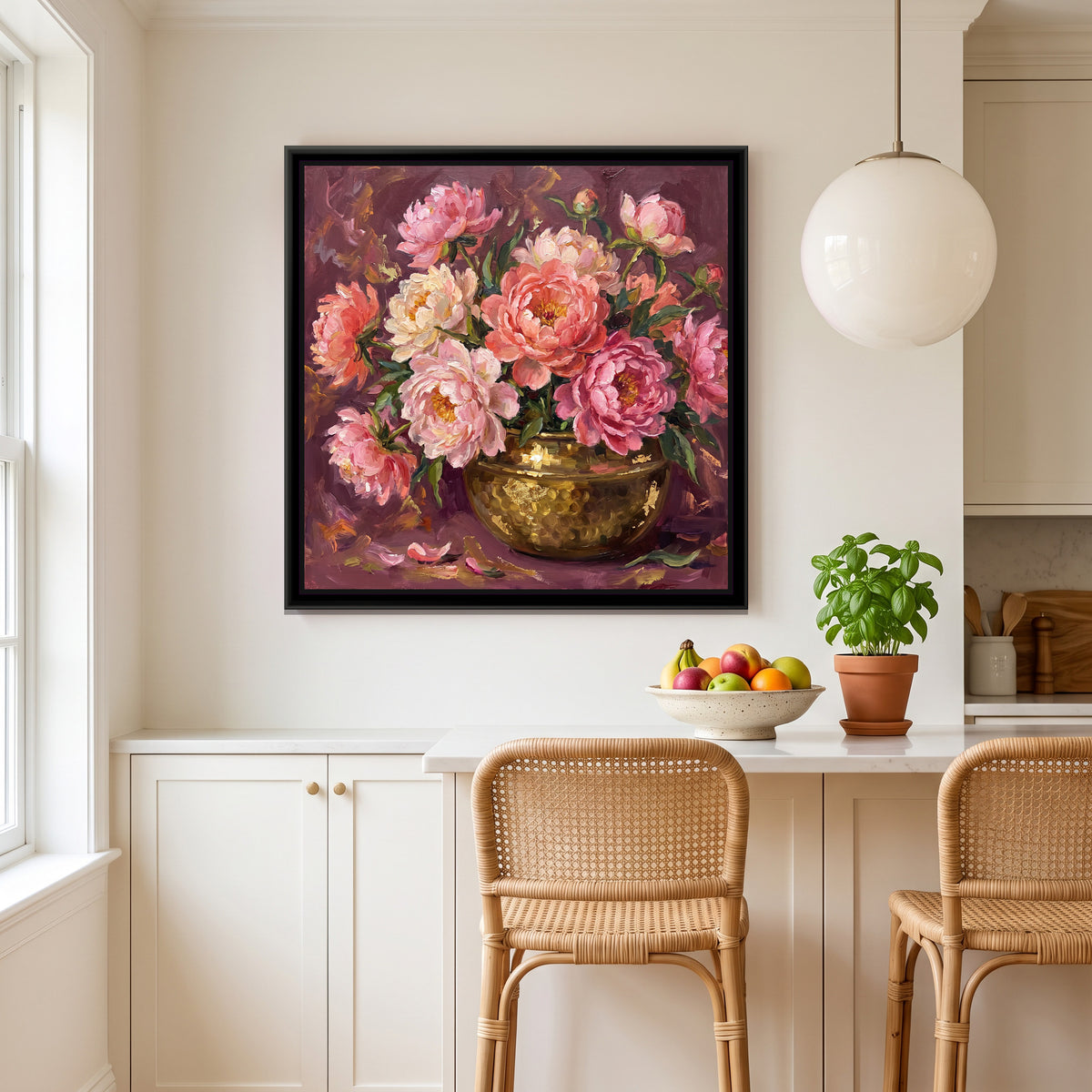 Peonies in a Brass Bowl - canvas art shown in a second room setting