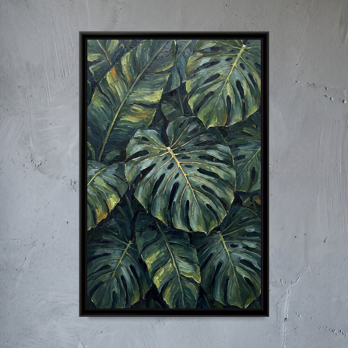 Monstera and Banana Leaves - framed canvas art hung on a wall
