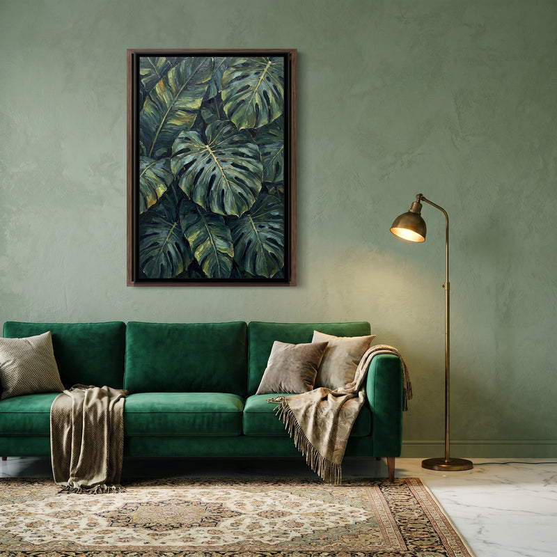 Monstera and Banana Leaves - canvas art shown in a styled room