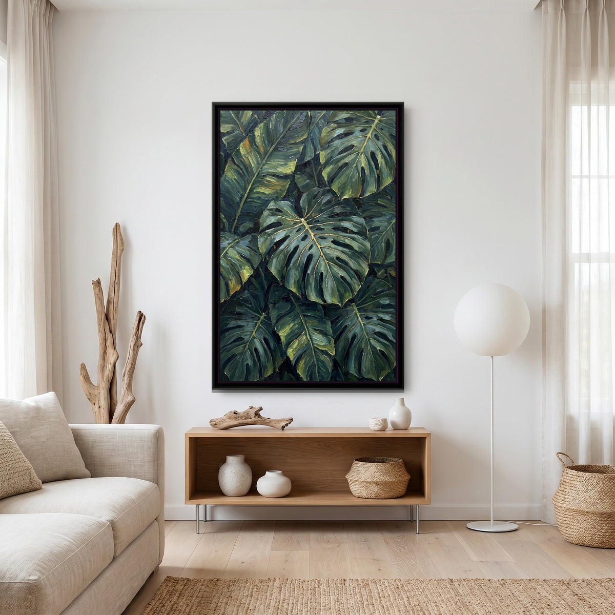 Monstera and Banana Leaves - canvas art shown in a styled room