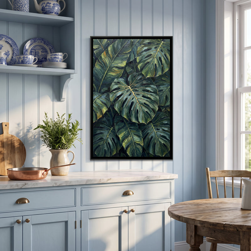 Monstera and Banana Leaves - canvas art shown in a second room setting