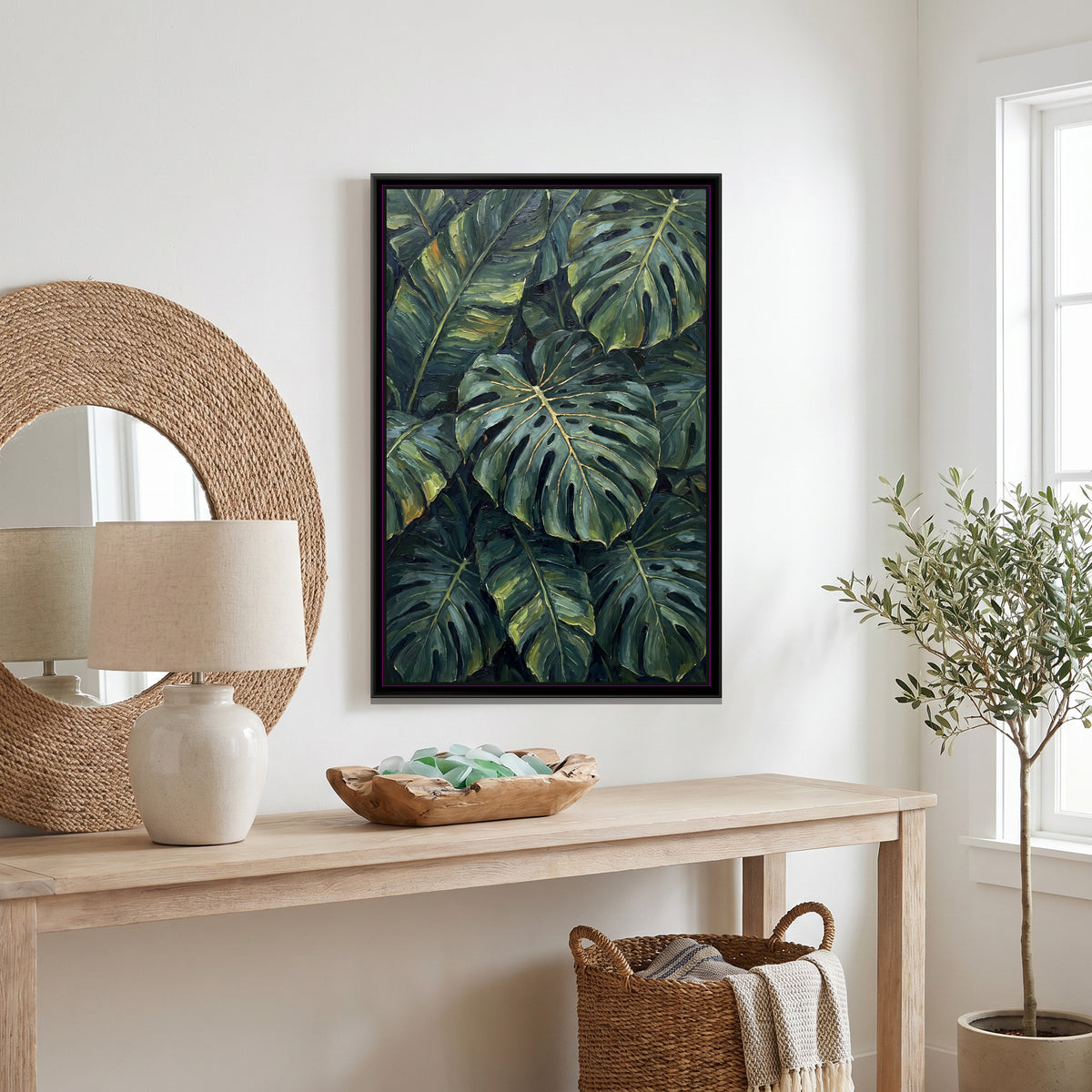 Monstera and Banana Leaves - canvas art shown in a second room setting