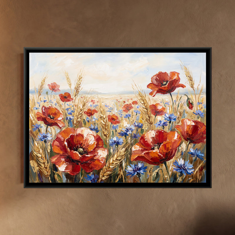 Wild Poppies in a Summer Field - framed canvas art hung on a wall