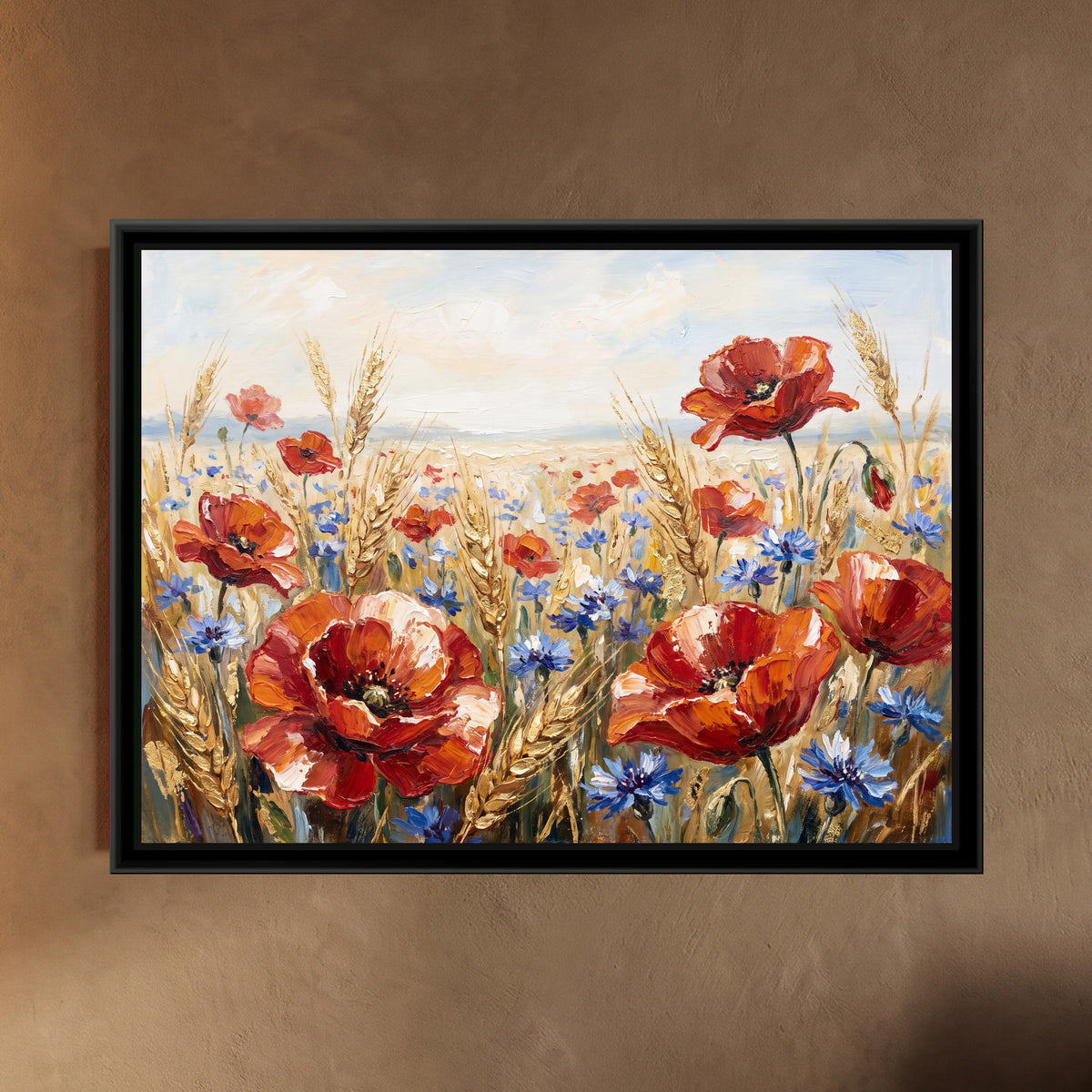 Wild Poppies in a Summer Field - framed canvas art hung on a wall