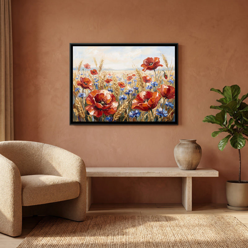 Wild Poppies in a Summer Field - canvas art shown in a styled room