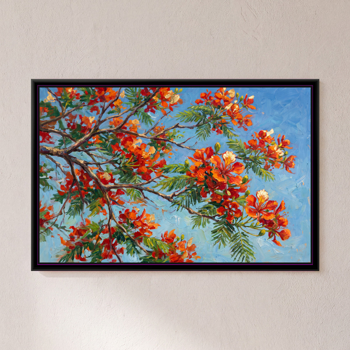 Gulmohar Canopy in Flower - framed canvas art hung on a wall