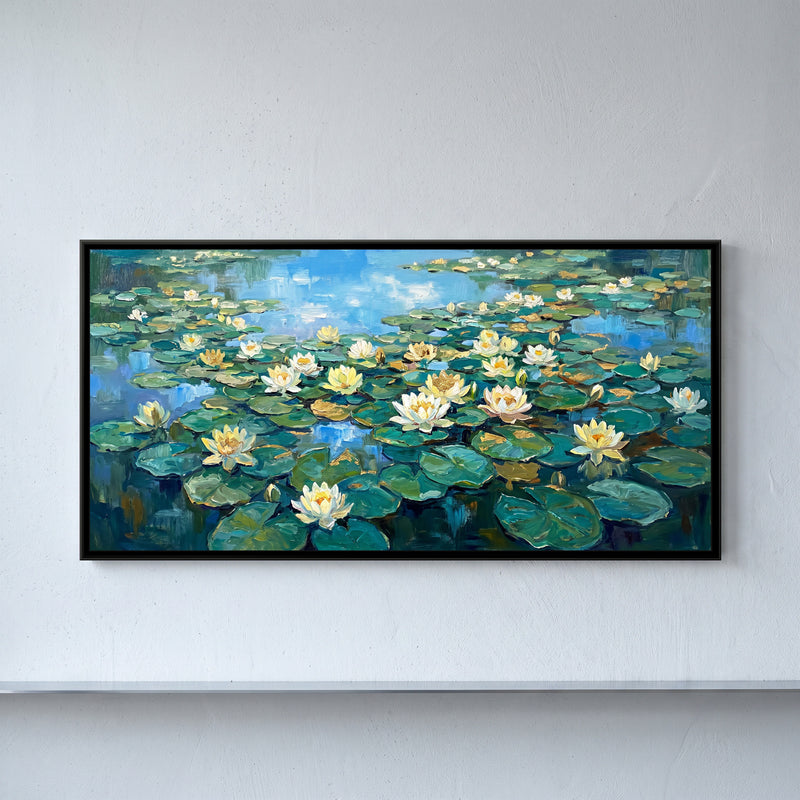 Water Lilies at Noon - framed canvas art hung on a wall